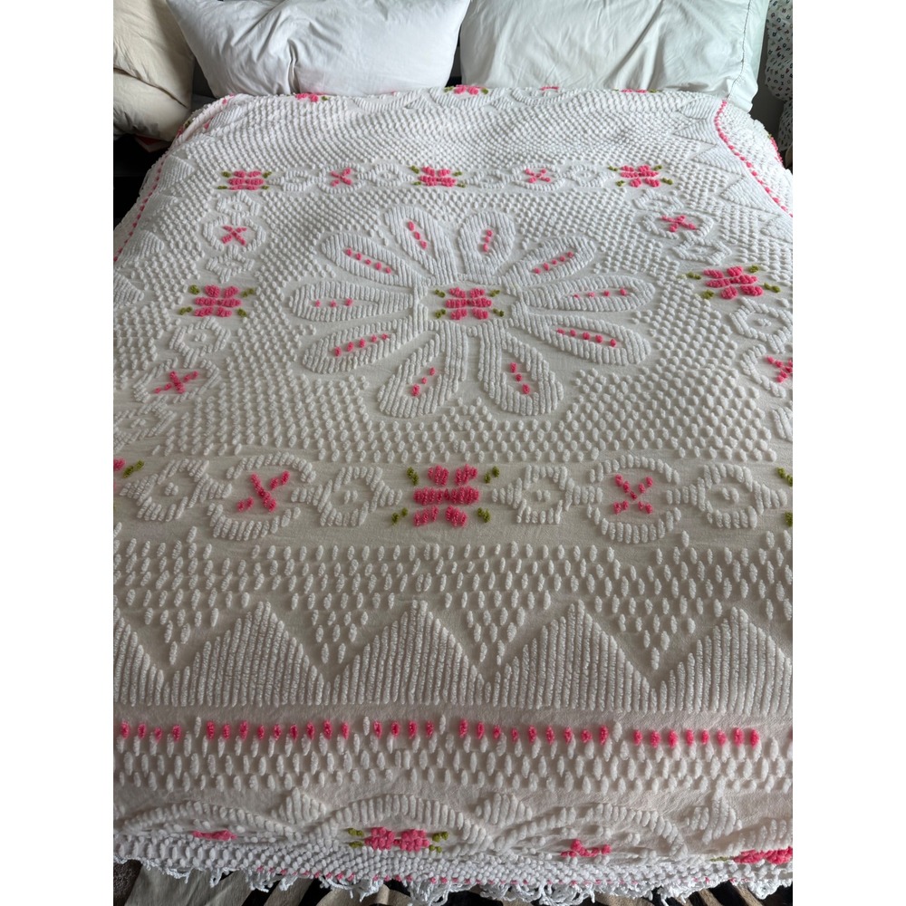 Vintage Pink Floral Chenille Bedspread